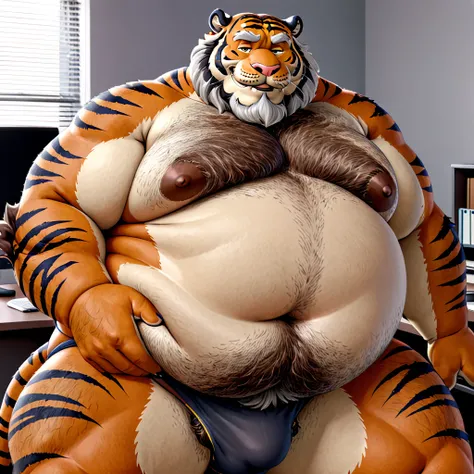 Big chubby, very fat, facial hair, lots of body hair, fat and saggy chest with a big moobs, anthropomorphic tiger old daddy boss, wearing only underwear, leaning on his office desk while smiling and holding his belly. Make sure the resulting image is high ...