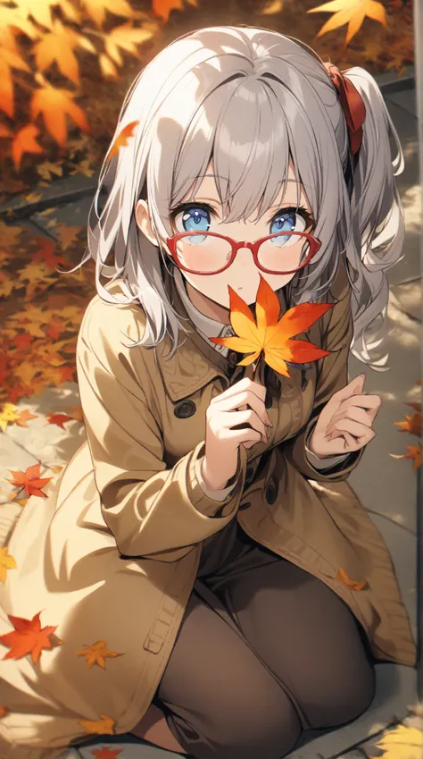 1 girl,  Grey Hair,   blue eyes, side ponytail, red rimmed glasses、autumn leaves、 sit on the ground、Holds one leaf