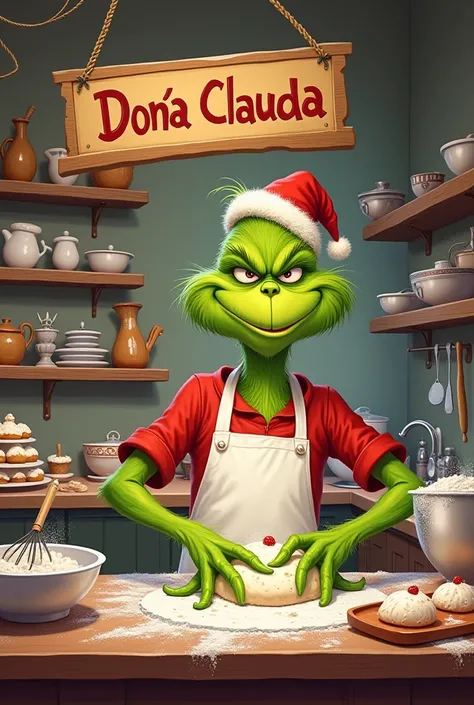  Grinch baker in cartoon form,  with background of bakery elements ,  and a sign that says  " Doña Claudia "