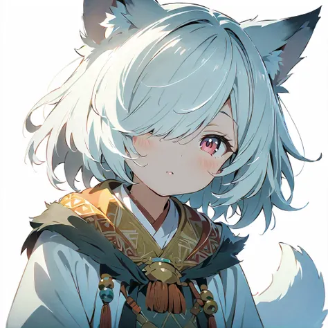 (masterpiece:1.2), ( top quality :1.2),  super high res,  very detailed,  perfect lighting,  wolf girl , White Hair,  ethnic costumes,  Otherworldly Fantasy , fluffy tail, cute,  head tilt ,  closes one eye,   digital anime art  , anime style illustration ...