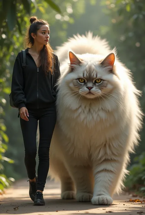 A woman dressed in black casual and walking alongside a very giant angora cat walks together 