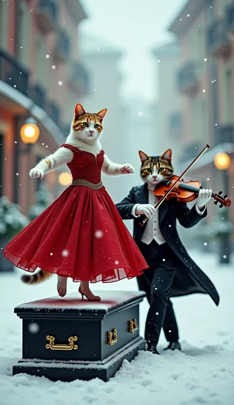 On the vast white snow ， super heavy snow on a street ，Its snowing a lot outside ， A very elegant and noble cat in a stylish red dress standing on top of a coffin and dancing， beside her ， A very gentleman cat in a suit is playing the violin ，Advanced，Shoc...