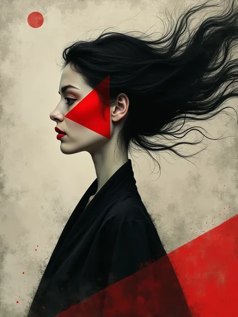 "An abstract artwork featuring a minimalist profile of a woman with flowing black hair. Her face is partially abstracted with geometric shapes, including a striking red triangular section that contrasts with the textured, muted background. The overall colo...