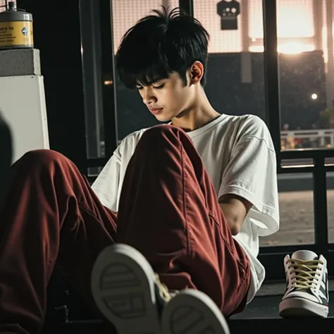 Super realiseic ,look like real， A young Asian man is sitting alone on a bench。 He is wearing a white T-shirt 、 Red pants and a pair of sneakers 。His hair is black，The hairstyle is very stylish 。He lowered his head，Seems to be thinking。 There is a blurry w...