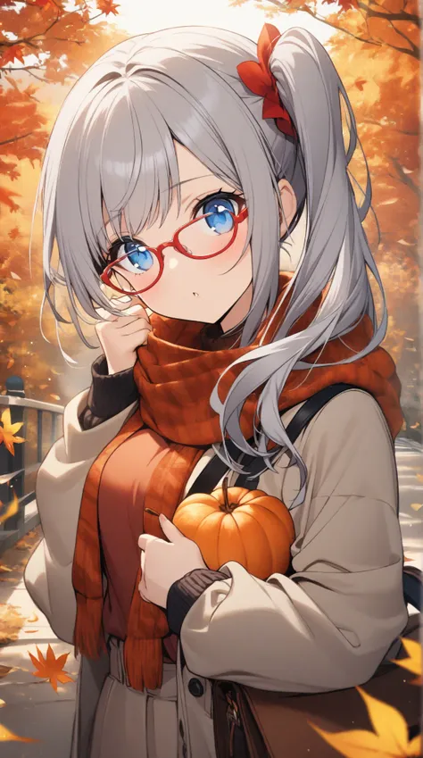 1 girl,  Grey Hair,   blue eyes, side ponytail, red rimmed glasses、autumn leaves、後ろ向き