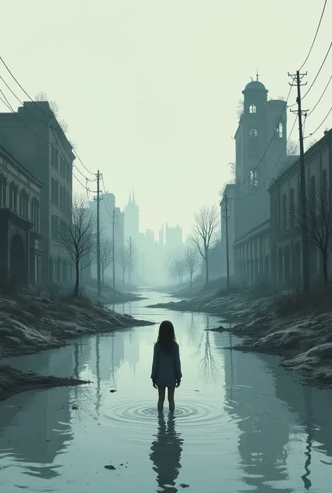  Illustration of a teenager standing in flooded water in a city in good condition,  surrounded by ruins , Smooth gray sky,  post-apocalyptic scenario ,  Hand drawn style .