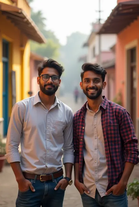 A serene small Indian town in northern India, featuring two young Indian men, Arjun and Rohan. Arjun has a studious appearance, wearing glasses and a formal shirt, while Rohan is cheerful, wearing casual clothes with a confident smile. They are standing ne...