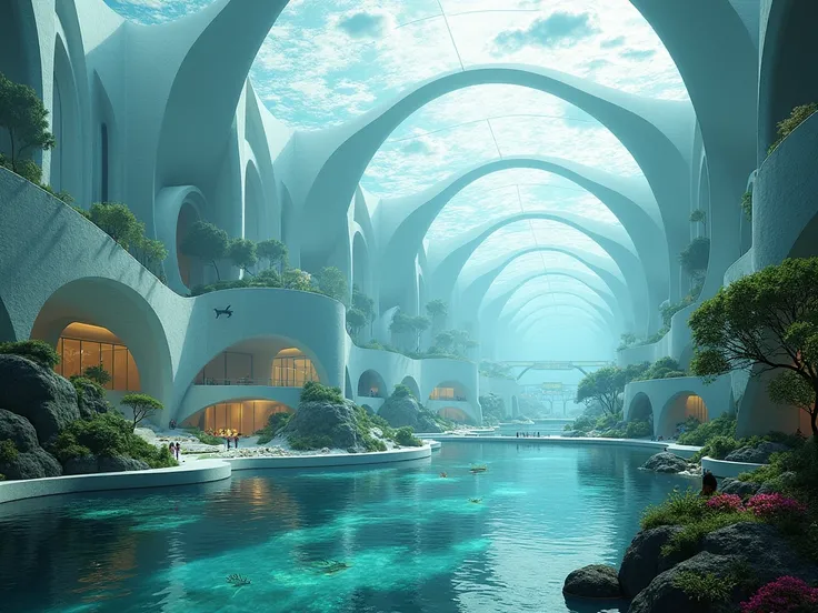 Create full complete Architectural Design Concepts plan of beatiful futuristic Aquariums/Zoological Parks, show side view