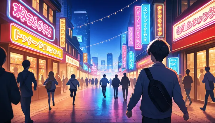 Two  boys running side by side through a vibrant night cityscape. The city is filled with neon lights, glowing shop signs, and bustling crowds. The boys are looking at each other with wide, joyful smiles, capturing the excitement and wonder of discovering ...