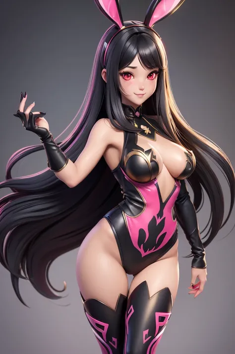 Masterpiece, 3D rendering, highest quality. golden bunny ears girl Pink-red eyes, Dark gray-black hair,straight hair,
an all-black with gold patterns. 
for mobile games Big-breasted rabbit girl. Fantasy art. Sweet and realistic rabbit girl. Cutely detailed...