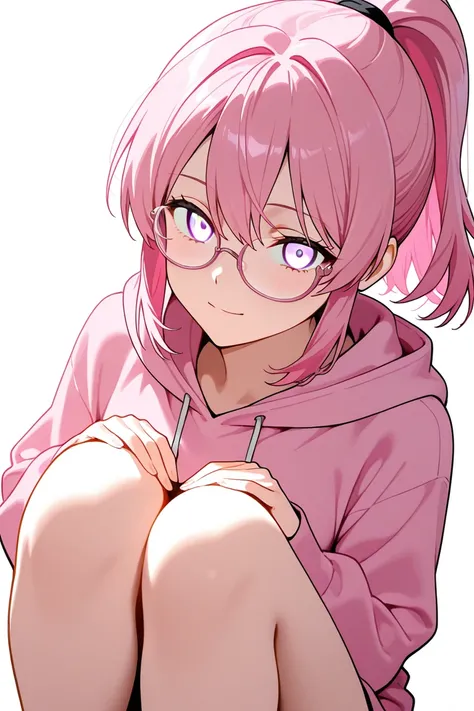 Anime style full pink hair glasses white eyes ponytail pink hoodie white background above knee