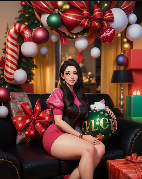 araffe woman sitting on a couch with a christmas ball in front of a christmas tree, violet myers, taken in 2 0 2 0, holiday vibe, 🤬 🤮 💕 🎀, profile image, profile pic, alanis guillen, 🐿🍸🍋, 4 k post, 4k post, by Izzy MedranoHD, (best detail), (best quality),...