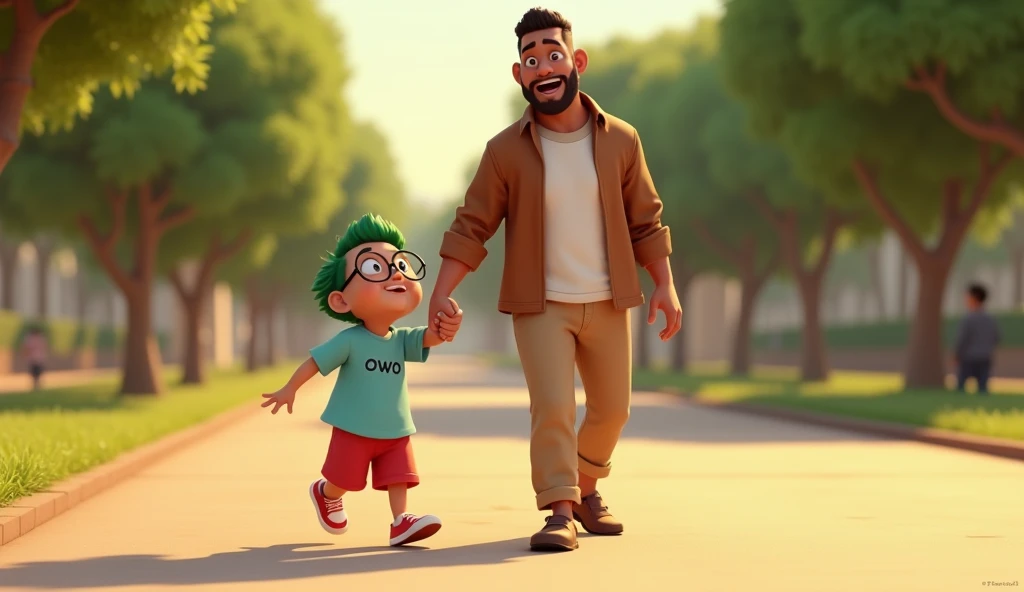 A heartwarming scene of an  boy (Owo) walking hand-in-hand with his father (Ayah). Owo, with his bright green hair and big round glasses, is dressed in a light blue t-shirt with "owo" written on it, red shorts, and red sneakers. He looks up at Ayah with a ...