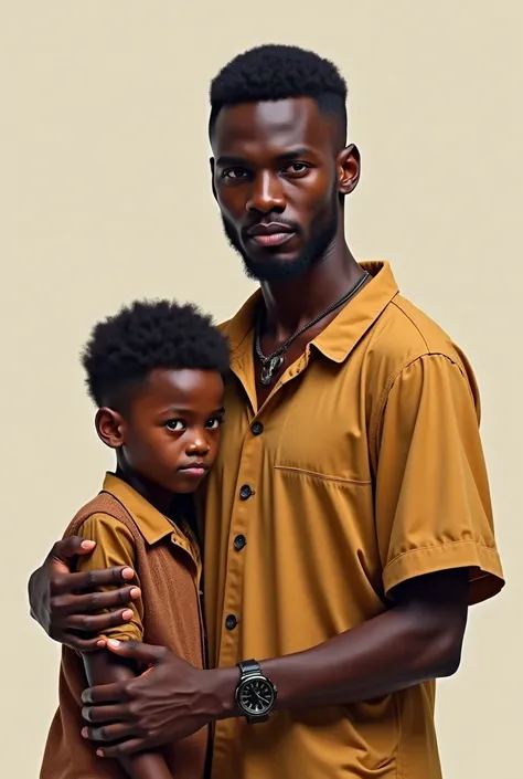 African man with short hair accompanied by a black retunched son