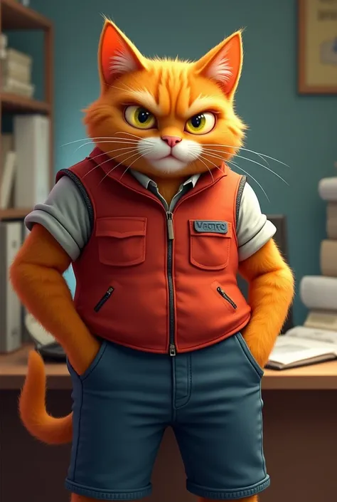 The A tall, strong orange cat wearing a red vest and blue pants works overtime, takes on side jobs, and continues pushing through challenges. His savings grow steadily