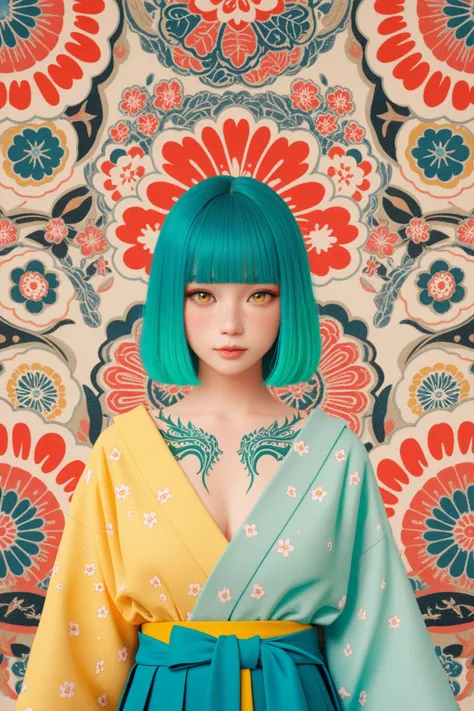 A mesmerizing surreal illustration of a young japanese woman. She has pastel green hair with blunt bangs, yellow eyes, and wears a vibrant pastel colored outfit adorned with intricate floral patterns. Freckles dot her smooth, warm complexion, and bold, col...