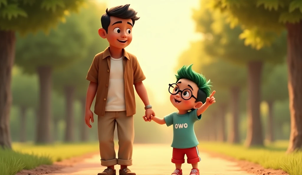 A heartwarming scene of an  boy (Owo) walking hand-in-hand with his father (Ayah). Owo, with his bright green hair and big round glasses, is dressed in a light blue t-shirt with "owo" written on it, red shorts, and red sneakers. He looks up at Ayah with a ...