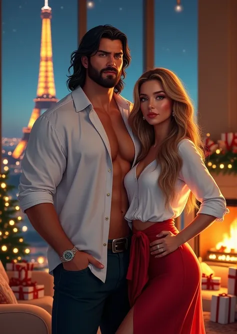 horizontal image. Full body portrait .  Realistic illustration .  photography,  realistic image, aesthetics.  detailed image , luxury environment, fashion, love.  front focus, 4k image. A couple at Christmas in their luxury penthouse. burly man, handsome, ...