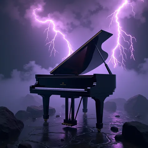 masterpiece， highest image quality taken by Ki， Darkness，Thunder，Purple Lightning，piano，pianoを大きめに描写，( sheet music with flowing notes in the background：3)， Scenery， Fantastic， no people