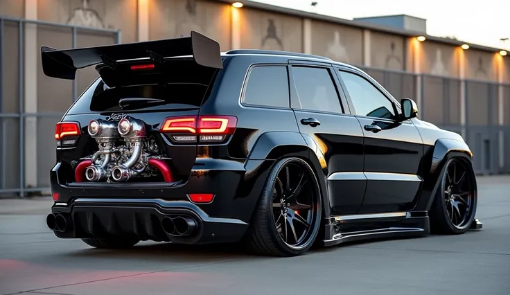 A rear view of an extensively modified 2025 JEEP GRAND CHEROKEE, showcasing a unique rear-engine or mid-engine conversion with the engine exposed and highlighted by intricate twin-turbocharged components featuring metallic pipes, red anodized turbo housing...