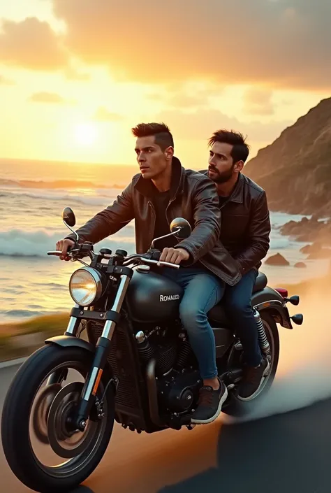 A hyper-realistic depiction of Cristiano Ronaldo and Lionel Messi riding a sleek motorbike together, speeding through a scenic coastal highway at sunset. Ronaldo is confidently driving while Messi sits behind him, enjoying the ride, both wearing stylish le...