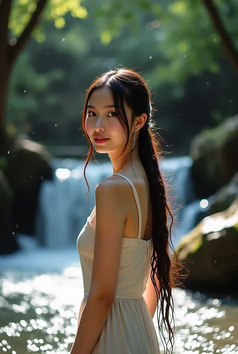 คลายร้อนด้วยกัน ขอให้มีความสุข ❤️
promtp คลายร้อน 🌹
promtp: A long-haired Asian girl tied in teardrops, smiling naturally, standing in the cool clear water splashing all over her body. She gets wet and, with both hands, holds the stream flowing down from t...