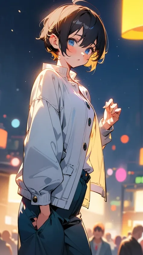 anime style, celshaded, 8k, masterpiece, hd, 1girl, cute, ((short hair, pixie hair, tomboy)), light blue shirt with button, late night, crowds, new year festival, blue eyes, long saggy pants, white jacket, brunette hair, bokeh, blur background, front view