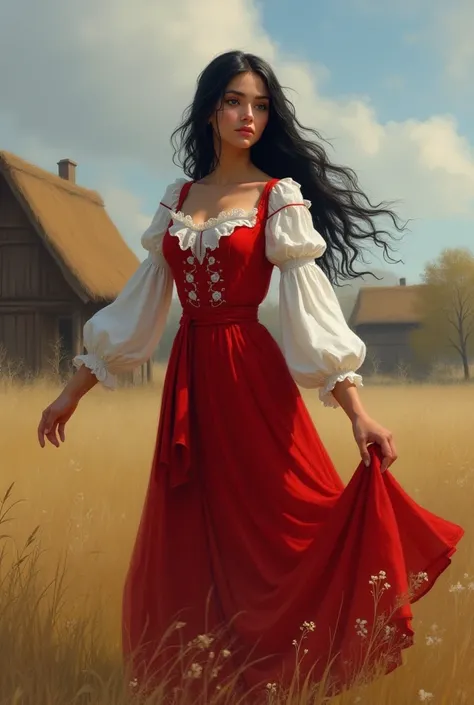 I want to create an image of an 18-year-old Russian girl, 58" in height with a slim body structure and slightly plump features. She has black hair, grey eyes, and is wearing a red Western-style dress. The scene should depict her dancing near a village.