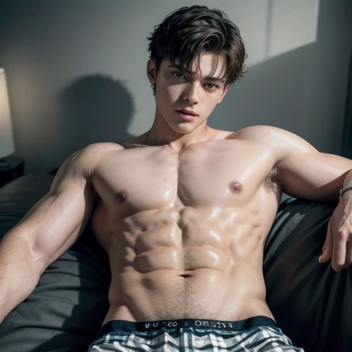  year old man. Lying on his back on his bed. Upper body naked.  In the picture you can see from his point of view , his bare torso and his six-pack. His black pants are wide open but not pulled down. You can see his blue and white checked boxer shorts. He ...