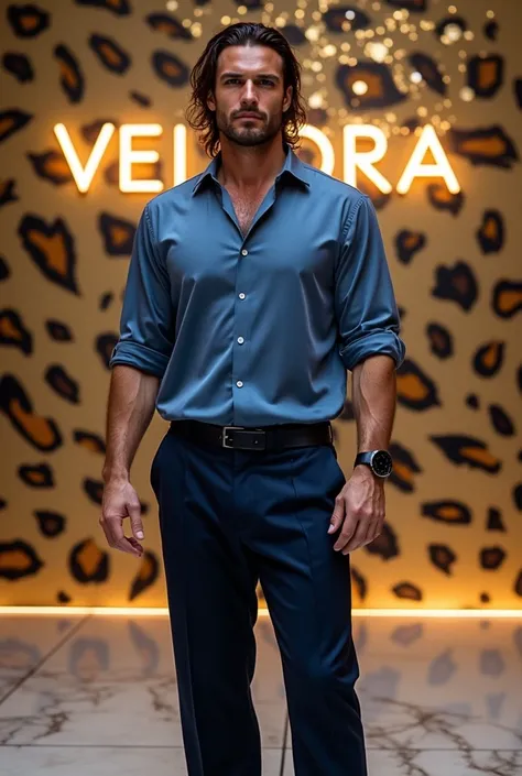  Create an image of a muscular tall Italian man ,  medium hair brushed back curly wet ,  wears loose blue silk shirt slightly buttoned ,  and navy blue pants with squares ,  Posing at an event that features a huge cream ,  black and gold wall with abstract...