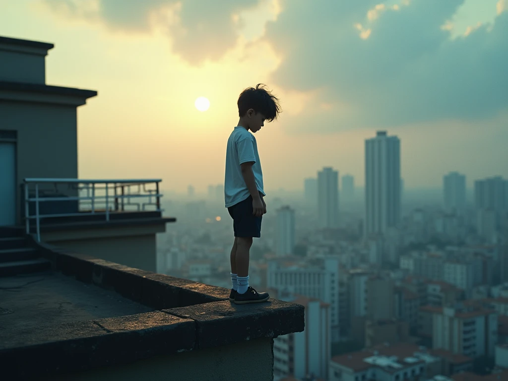 schoolboy in short pants stands on the edge of the roof