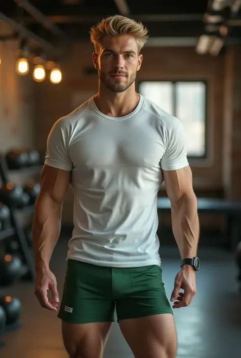 Please,  creates a hyperrealistic 4k image of a fictional man named Pablo Cortés. It must have a defined body ,  muscular and attractive . Its characteristics are:  green eyes,  blonde hair and an attractive mole close to the lip ,  tight white t-shirt,  t...