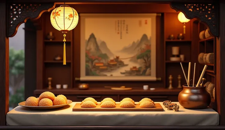 This is a real-life photo of an ancient Chinese stall selling traditional Chinese sesame candy at a 45° angle. The overall design of the stall is like an antique teahouse, made of dark brown wood, and the carved window frames exude a hint of simplicity. Ha...