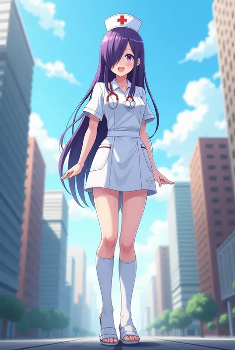 Anime art style of a giantess wearing a white nurse outfit. She is wearing long socks and white nurse sandals. She has long purple hair with a bang of hair covering her right eye. She is smiling and standing in a tiny city. Low angle viewpoint.