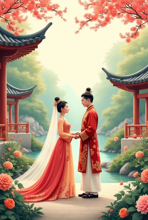 Draw an illustration of someone getting married in Korea