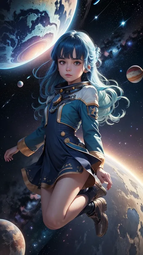 best quality, detailed, 4k, raw photo, masterpiece, detailed face,, stars, planets, galaxy, space,, a photo of anycemar flying in space, blue hair, bangs, long hair, looking at viewer, 