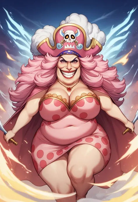 Create an image of a towering and powerful pirate queen with an aura of dominance and chaos. She has wild, flowing pastel-colored pink hair and a wide, menacing grin. Her outfit is flamboyant, featuring a vibrant dress with candy-themed patterns and gold a...