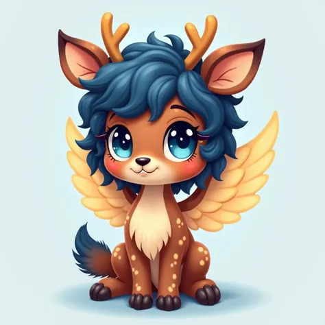 A cute angel with dark bluish brown skin and curly dark blue hair and dark blue eyes like galaxies, with deer ears and antlers a cute deer tail and hooves for feet, light yellow wings, fawn spots, furry, anthro,