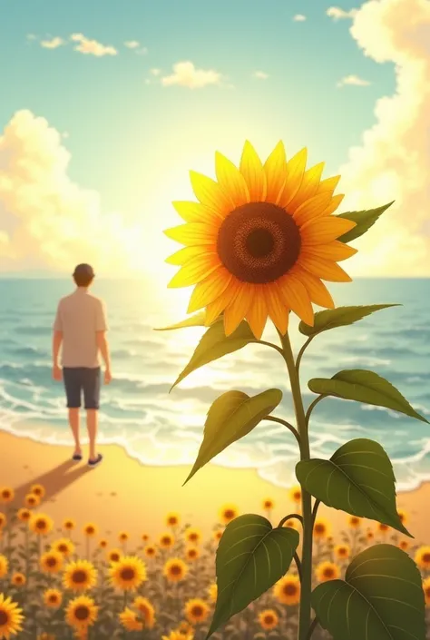 (((anime)), 1 very beautiful sunflower being illuminated by sunlight, with a man in a cap walking towards the sea in the background