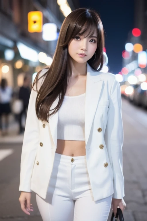 Beautiful long haired woman in 20s with bangs, wearing white suit, white pants, white shirt, standing and looking at camera on city street at night. Solo, close view.