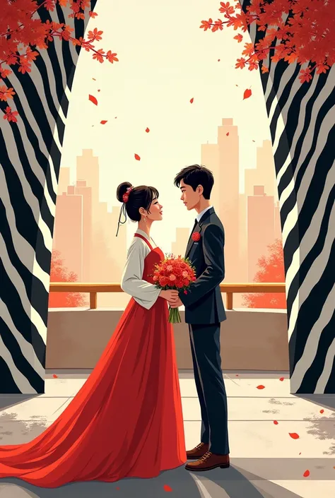 Draw an illustration of a Korean couple getting married in 2024 in Zebra video style