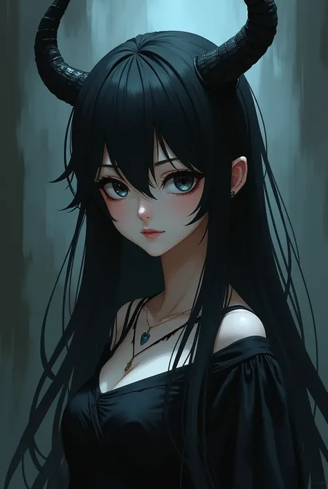 An anime character with long black hair and pale skin color, black eyes and horns