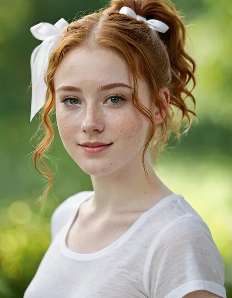  full body portrait photograph of a very beautiful and realistic girl, 18 years old,  porcelain skin, very light skin,  very pale skin, redhead, wavy,  ponytail with white ribbons ,  Detail of freckles on the skin ,  hazel eyes , slanted eyes,  small nose,...