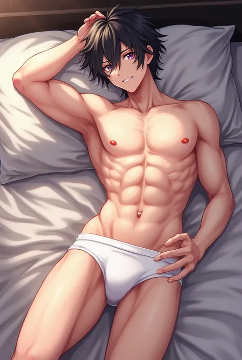 Do the Genshin Impact diluc in white underwear with the stick out,  lying on the bed , anime aesthetics 