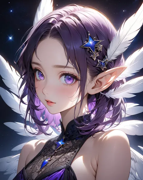  ultra-realism 、(Anime Style:1.3), Rembrandt Lighting, (masterpiece:1.2), (beautiful:1.2), (Highest quality), (Fine skin:1.3), (Intricate details), 1 Female, Late teens, Transparent beauty, Fantasy, Face Focus, Her eyes are deep purple, like stars shining ...