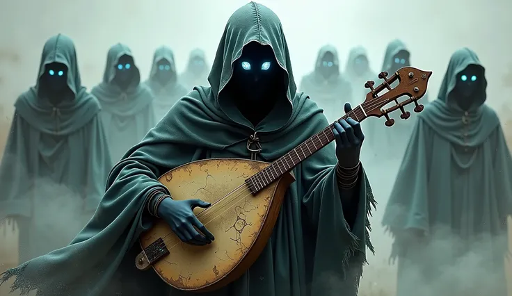 A mysterious, hooded bard with an intricately embroidered cloak featuring macabre skull patterns and weathered, sheet music-inspired motifs that swirl around her like a dark, ethereal aura. Her tattered, black lute appears worn and ancient, its surface cra...