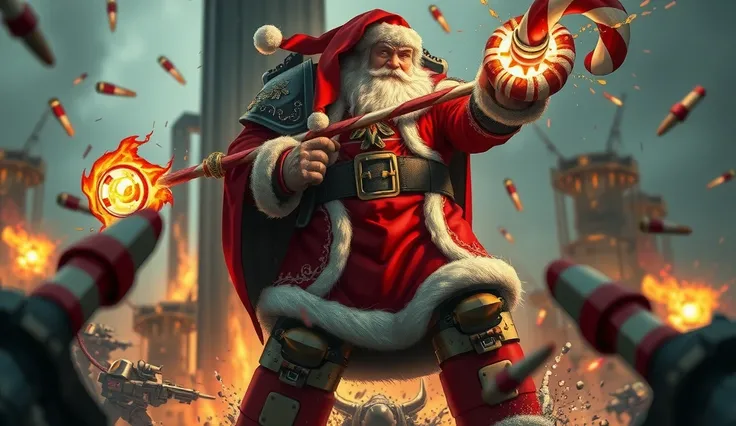 Santa Claus fighting in the battle for Christmas, warhammer 4k.