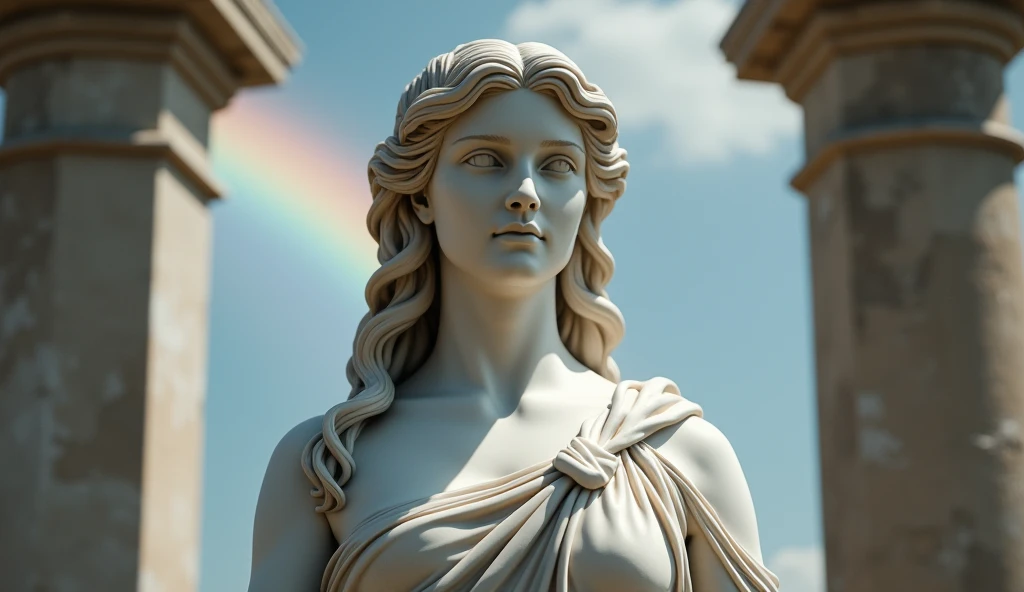 Statue of Aphrodite, close to the screen, must be seen in 4k high definition, white natural background with a rainbow

Highly detailed and dramatic digital artwork featuring a marble statue of a woman with classical Greco-Roman features. The statue has lon...