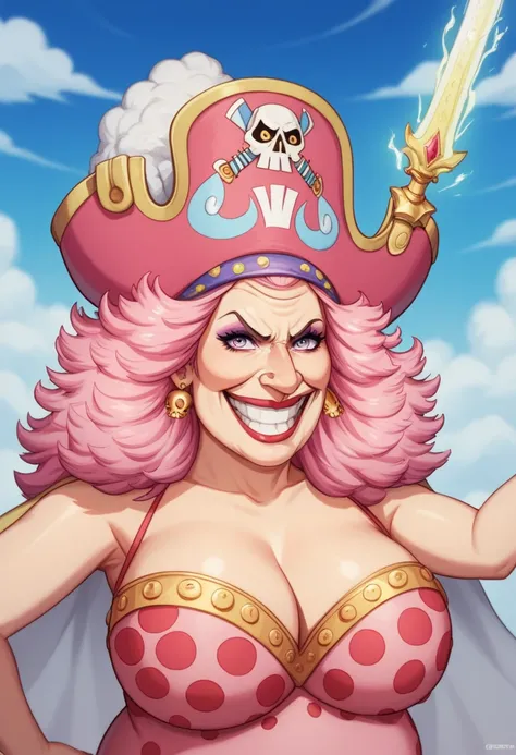 Create an image of a towering and powerful pirate queen with an aura of dominance and chaos. She has wild, flowing pastel-colored pink hair and a wide, menacing grin. Her outfit is flamboyant, featuring a vibrant dress with candy-themed patterns and gold a...