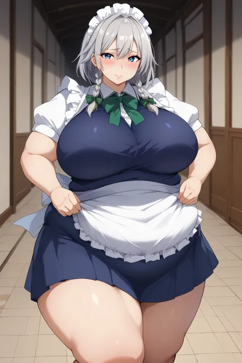  Sixteen Night Sakaki Night ,Sakuya Izayoi,  shortcuts、 braids, maid clothes、Navy blue clothes,white ruffle sleeve ,Short sleeve,unexposed breasts, navy blue ruffle skirt、 miniskirt,white ruffle apron , blue eyes、 silver hair、 Western-style hallway 、Wester...